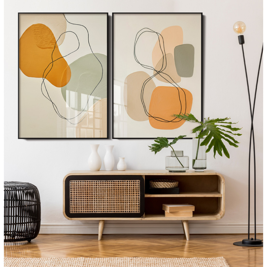 Quadro Moderno Abstrato Grande Kit 2 Quadros Decorativos Sala Com Moldura Cores E Linhas Ôrganicas
