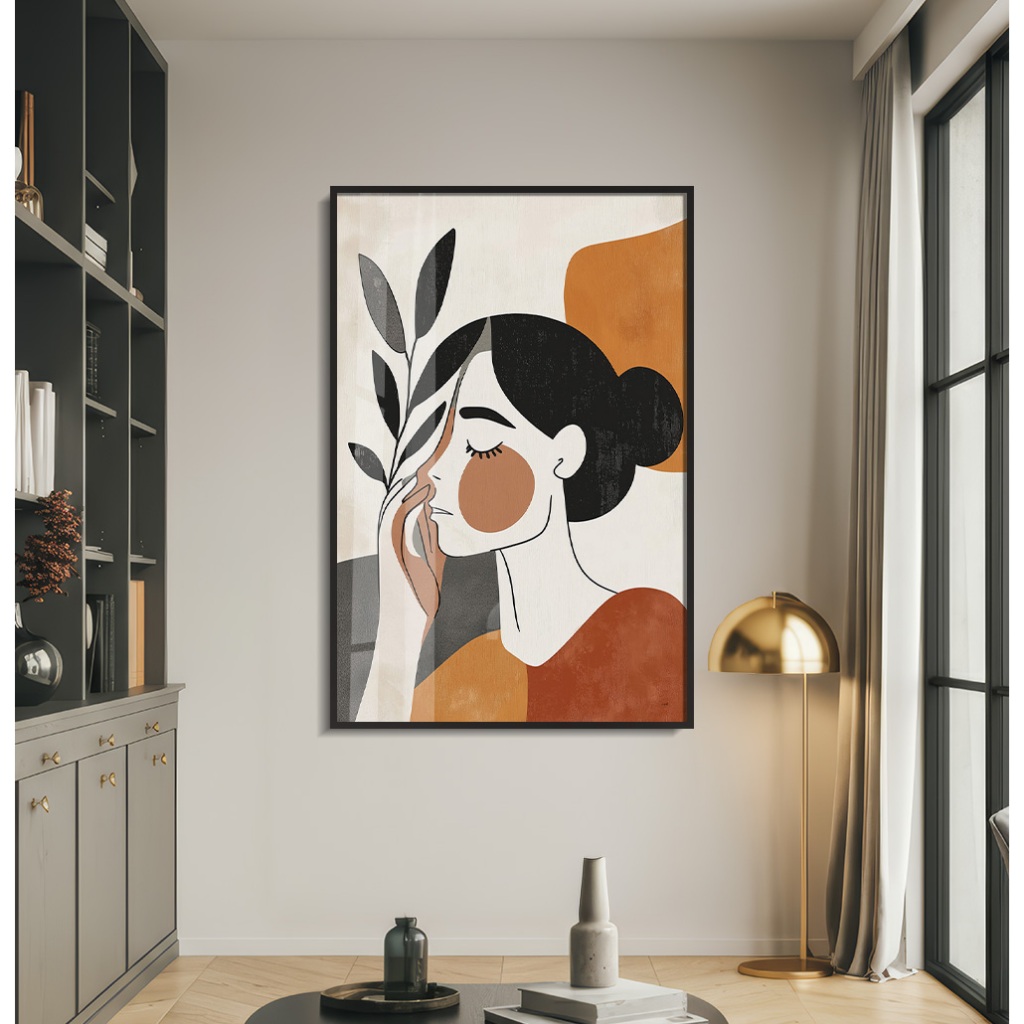 Quadro Feminino Abstrato Grande Quadro Decorativo Sala Com Moldura Quadro Quarto Mulher Cor Folhas