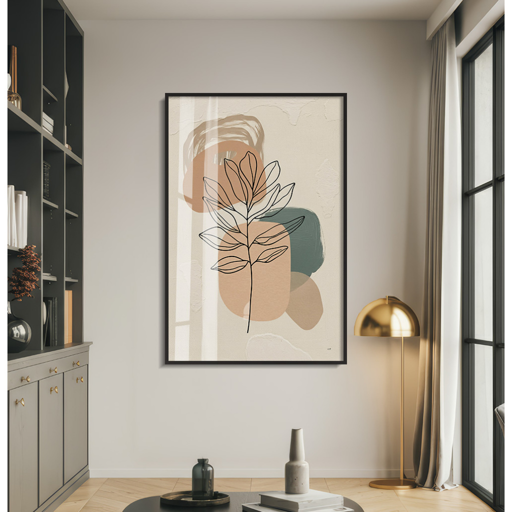 Quadro Minimalista Abstrato Para Sala Quadro Decorativo Com Moldura E Vidro Folhagem Linhas Neutro