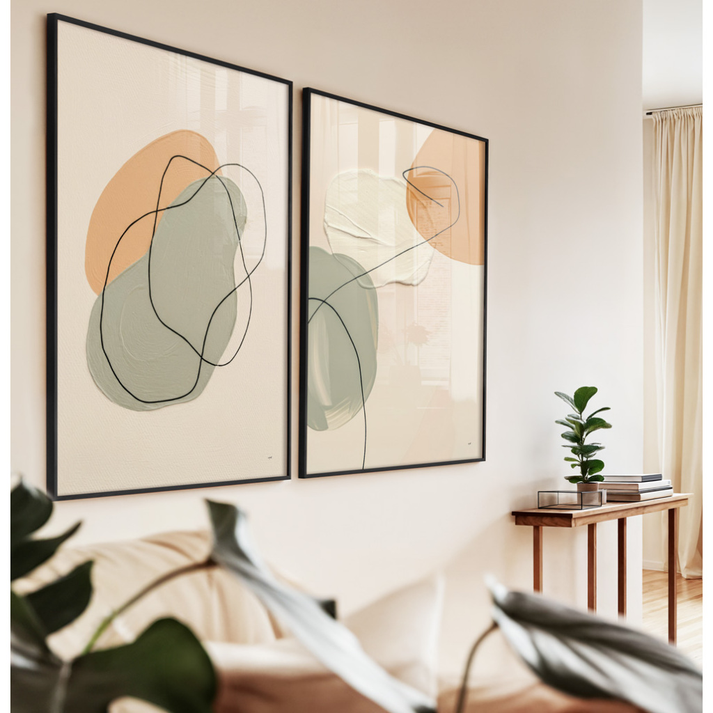 Quadro Moderno Abstrato Grande Kit 2 Quadros Decorativos Sala Com Moldura Formas Ôrganicas E Linhas