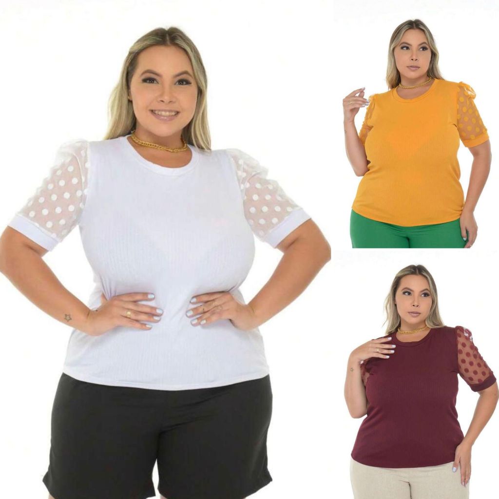 Kit 3 Blusa Feminina Plus Size Bufante Bolinha Tule Poa 46 Ao 50