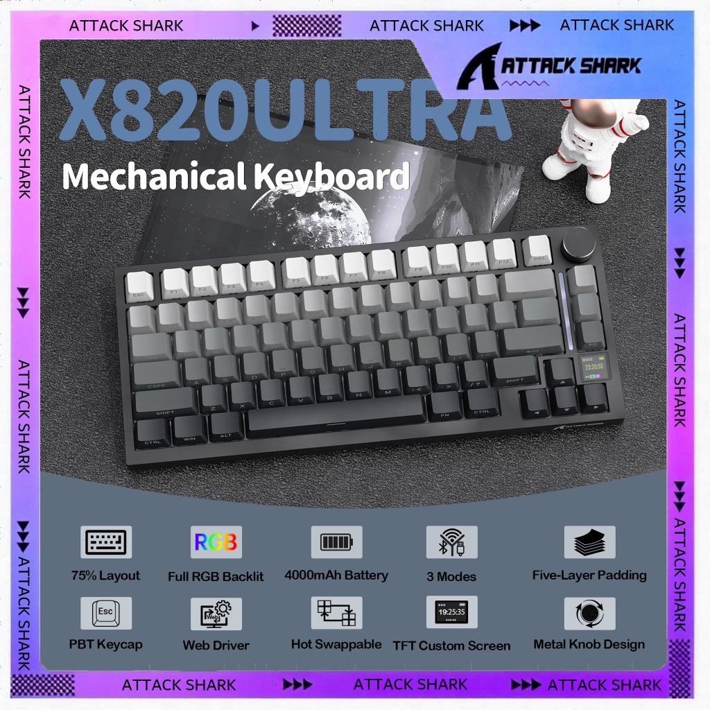 ATTACK SHARK X820 Ultra 75% Wireless Gaming Mechanical Keyboard, Smart TFT Display&Knob Gift Switch