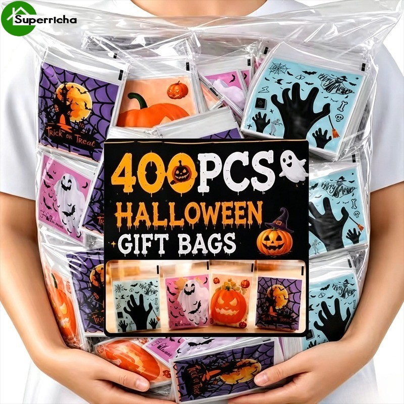 [Ultra] 400-100 Unidades De Sacos De Presente Impressos De Halloween-Bolsas De Doces Autoadesivas-Saco De Embalagem De B