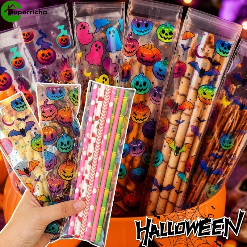 [Ultra] 200-50 Unidades De Sacos Autovedantes Longos De Halloween-Embalagem De Biscoitos Doces-Saco De Armazenamento-Bol