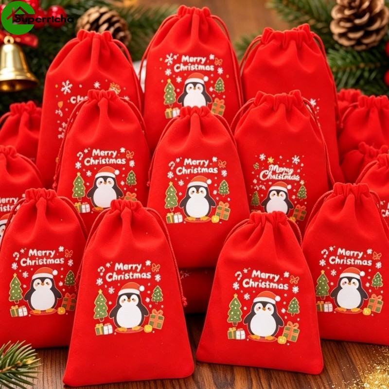 [Ultra] 12-6 Unidades De Sacos Com Cordão De Veludo Padrões De Natal-Bolsa Para Presente Estampas Saco De Papai Noel-Dec