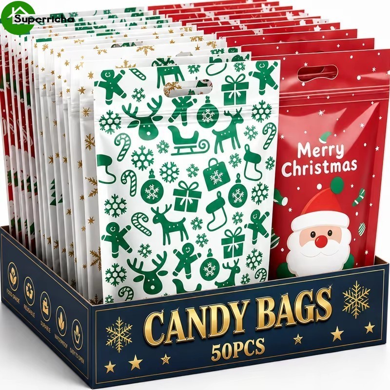 [Ultra] 50-10 Unidades De Saco De Vedação Reutilizável De Natal-Sacos Selados De Filme Composto Com Zíper Stand-up-Bolsa