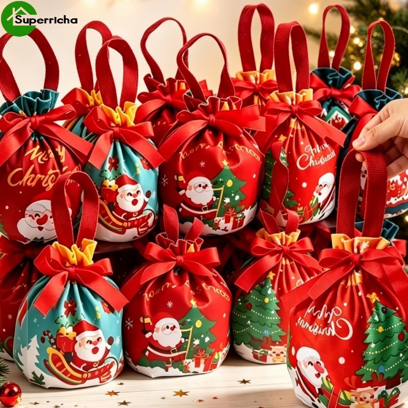 [Ultra] 4-1Pc Saco De Presente Portátil De Veludo De Natal-Bolsa De Embalagem Papai Noel Impresso-Envoltório Festa-Enchi