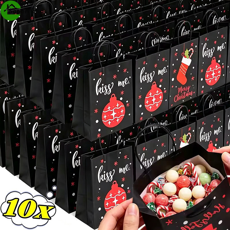 [Ultra] 10-2 Unidades De Saco De Presente De Papel Kraft De Natal Preto-Bolsa De Embalagem-Padrão De Árvore De Boneco De