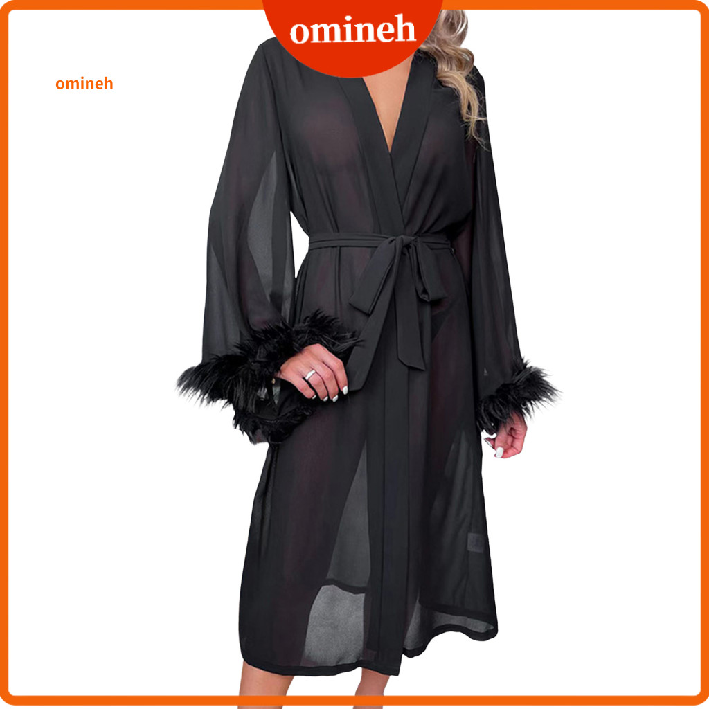 Breathable Sheer Nightwear Long Robe for Women Women’s Feather Trim Mesh Kimono – Sleeve Belted Bridal Wedding Night
