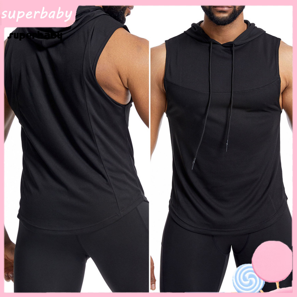 Mesh Hooded Muscle Shirt for Men Elastic Sleeveless Hoodie for Men's Tank Top Breathable Drawstring Vest Casual Solid Co