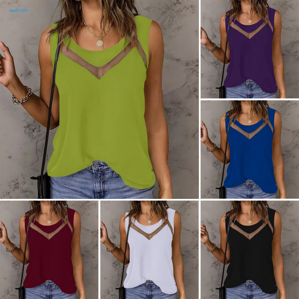 Women Vest Sleeveless Women’s V-neck Top Soft Breathable Fabric Loose Fit Casual Summer Tank with Mesh Splicing – Pe