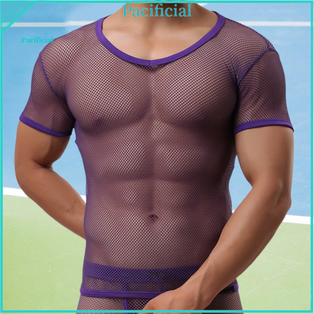 Mesh Design Shirt Men Tee Men’s V-neck Short Sleeve T-shirt Breathable Hollow Lightweight Solid Color Top for Wear Sum