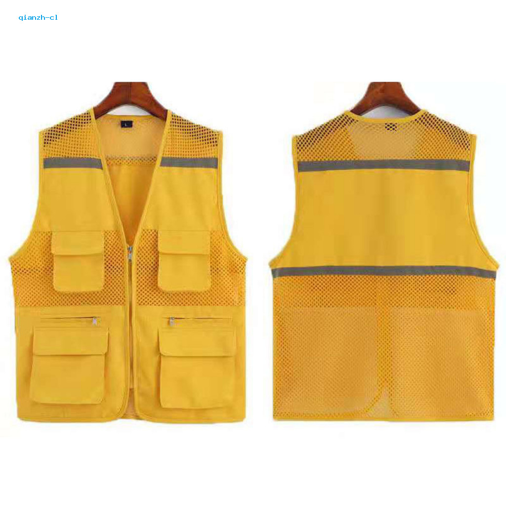 Zipper Safety Vest Reflective Waistcoat Men's with Multi Pockets Breathable Mesh Sleeveless for Fishing Camping Outdoor