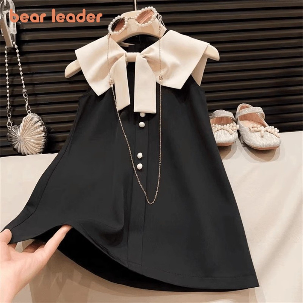 Urso Líder Meninas Arco Decoração Cowl Pescoço Sem Mangas Vestidos Novo Verão Simples Crianças Roupas Versão Coreana Cas