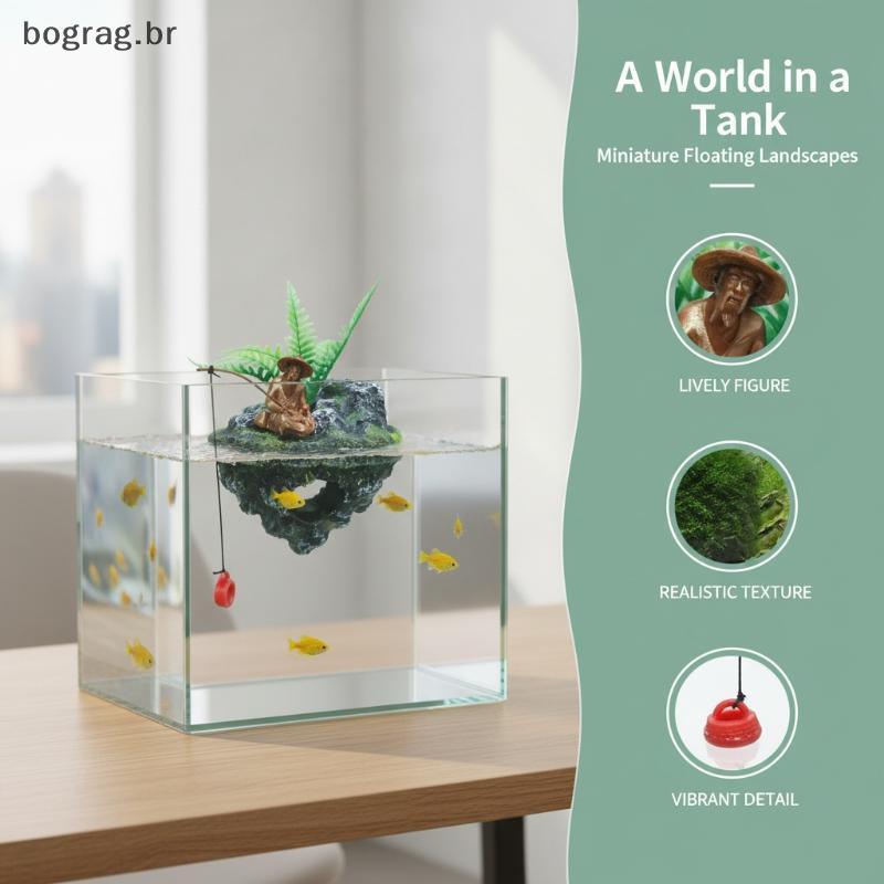 bograg Mini Tanque De Peixes Ornamento Flutuante Vívido Homem De Pesca Estátua Artificial Paisagem Ilha Para Aquário Hob