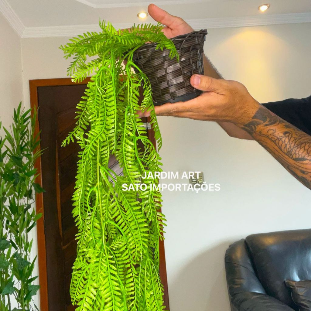 Arranjo SAMAMBAIA PENDENTE  + vaso trançado Artificial Pendente Planta Caída PT15