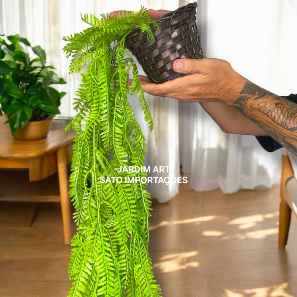 Vaso Decorativo com Suculenta Pendente SAMAMBAIA + Vasinho trançado Casa Escritório Sala PT15