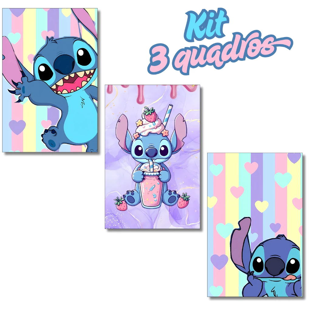 Quadro Decorativo Stitch Lilo Personagens Animados Azul Angel Fofinho Desenho