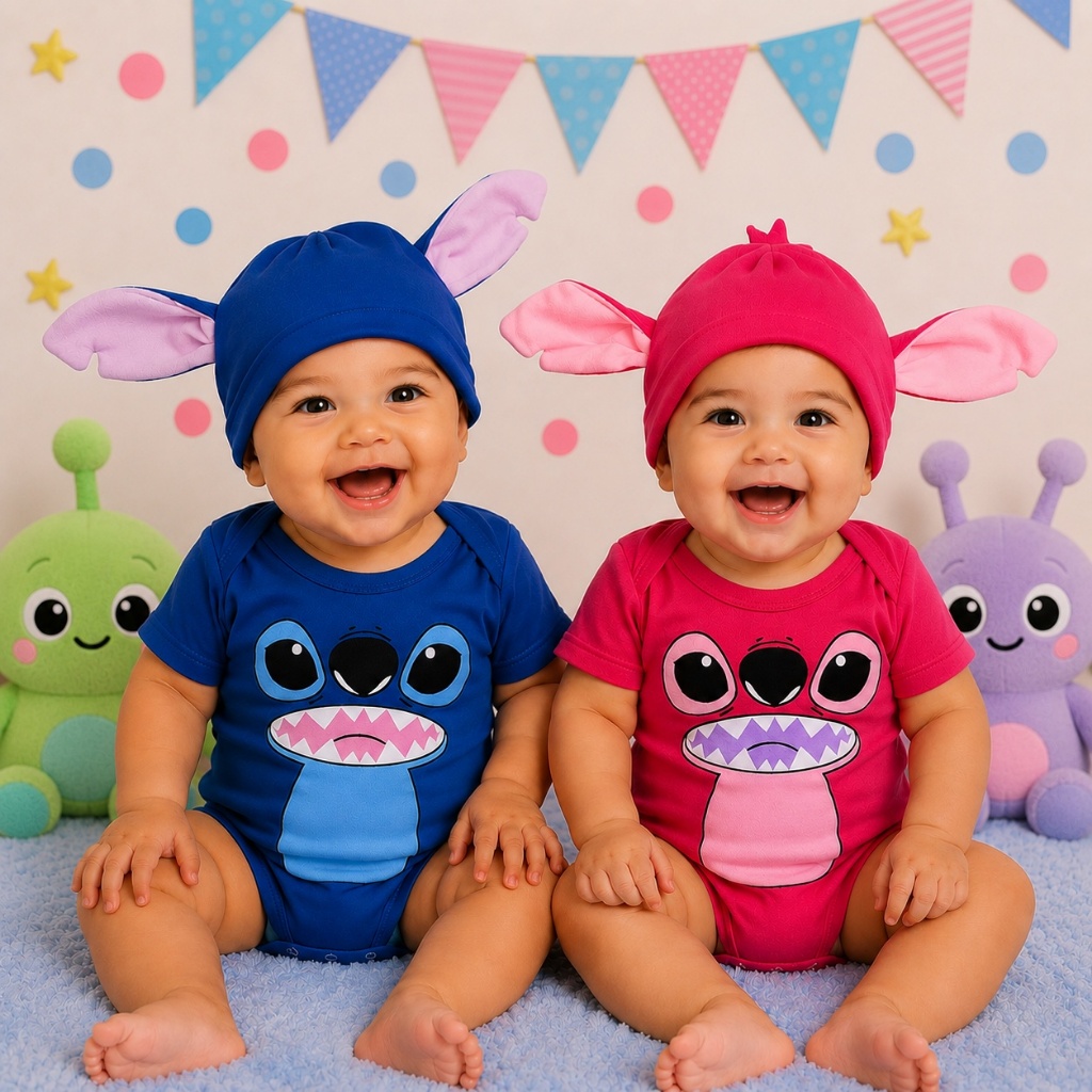 Body Bebê Stitch Menino e Menina Azul e Rosa Personagem Infantil Manga Curta Promoção Envio Rápido