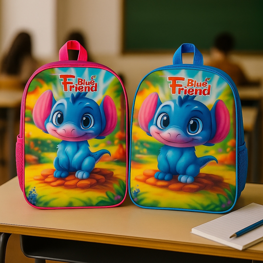 Mochila Escolar Infantil Personagem Blue Friend Resistente Colorida Espaçosa Alça Acolchoada Sortida