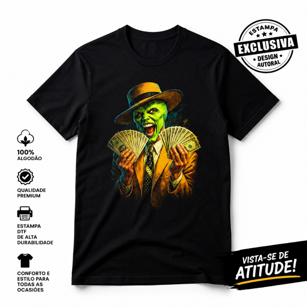 Camiseta O Mascara | Estampada Personagem Verde Dinheiro | Streetwear | 100% Algodão | Preta Azul Marinho