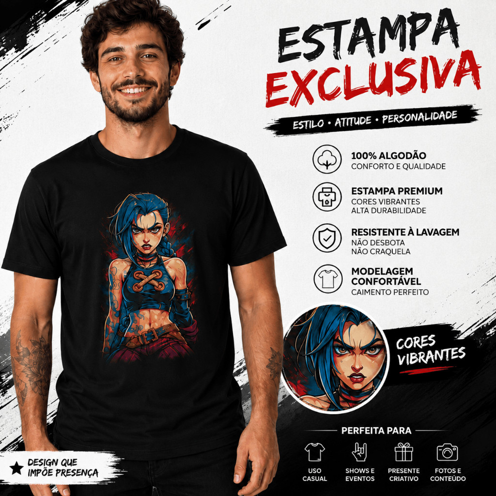 Camiseta Anime Estilo Urbano Personagem de Cabelos Azuis | Estampa Full Color | Casual | Preta e Azul Marinho
