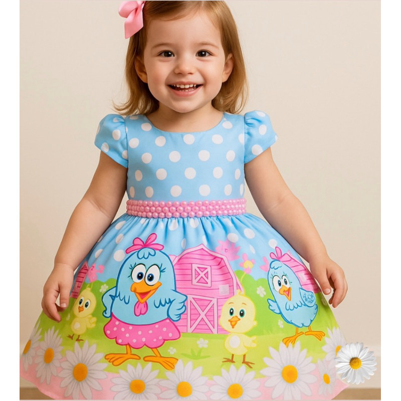 Vestido infantil galinha pintadinha temático azul e rosa personagem aniversário de 1 ano festa