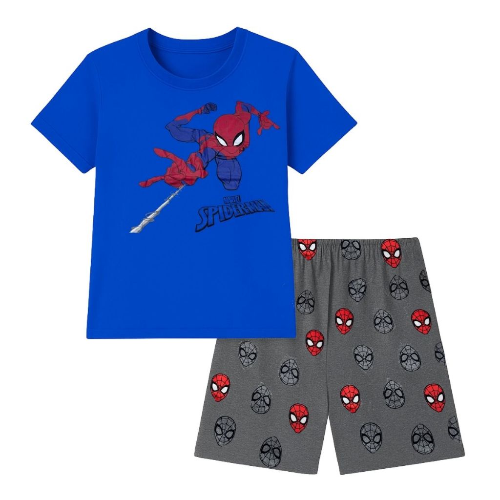 Pijama Infantil Marvel Personagens Camiseta Azul Short Estampado Conforto Estilo para Meninos