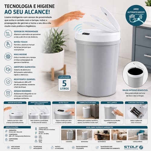 Lixeira Automatica Sensor Movimento 5 Litros Cinza Compacta Moderna Pratica
