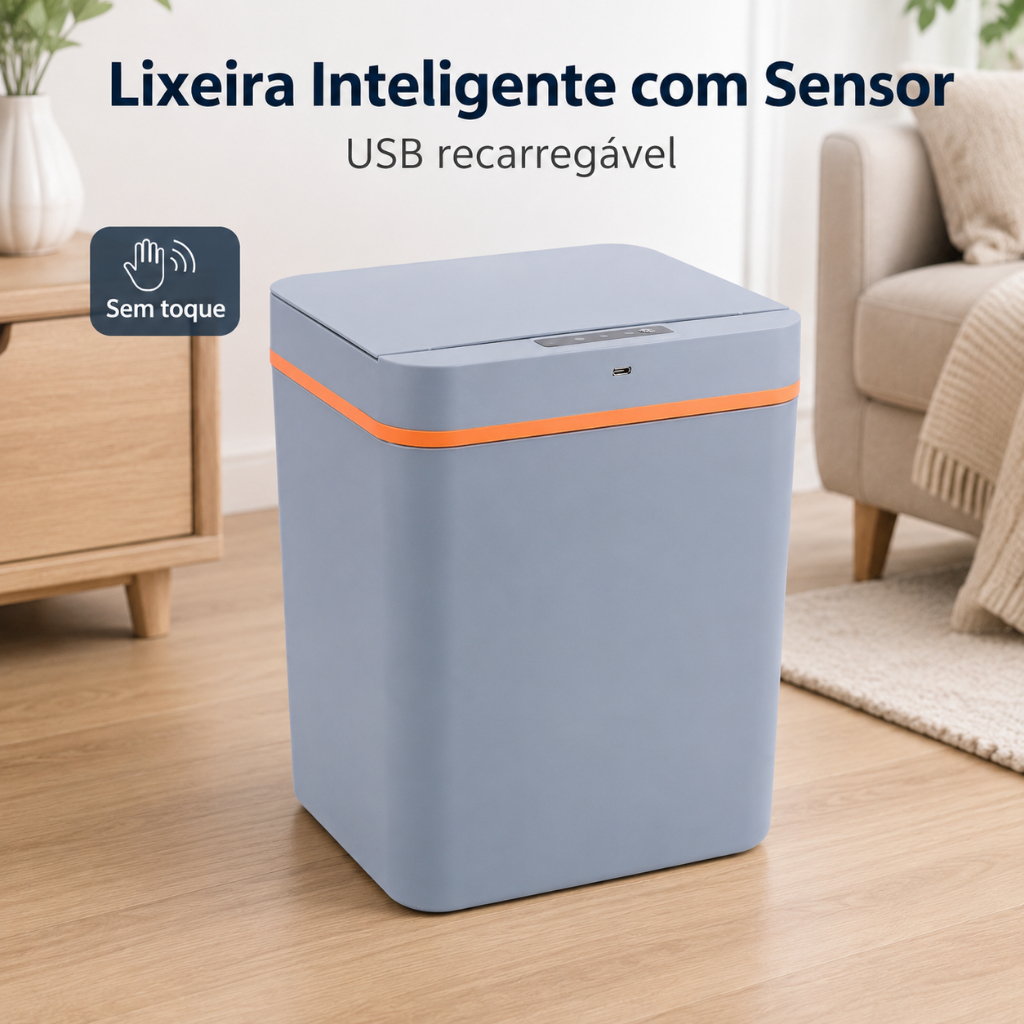 Lixeira Inteligente Automática com Sensor Sem Toque USB Recarregável para Cozinha Banheiro e Escritório