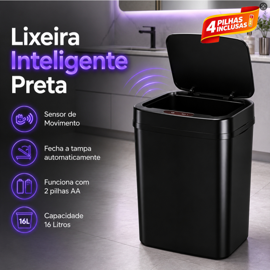 Lixeira Inteligente Escritório Compacta 16L Preta ABS Sensor Automático Pilha AA