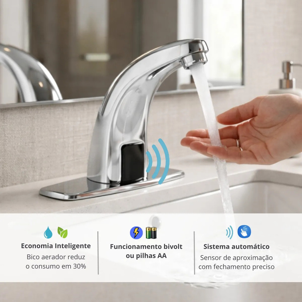 Torneira Lavabo Cromada Moderna Compacta para Lavatório Zawa Automática Sensor Bivolt
