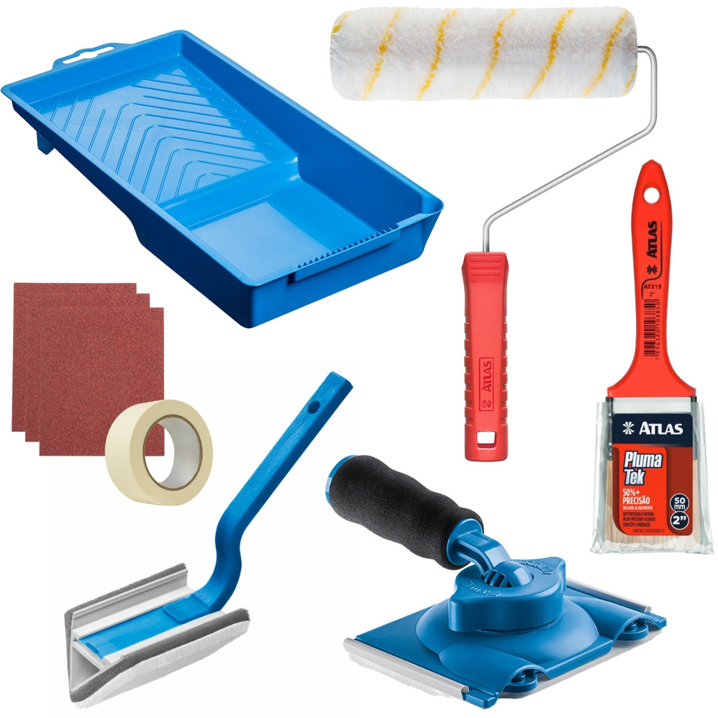 Pad Pintura Reto e 90°, Pincel Trincha 50mm, Bandeja 250ml e Rolo Microfibra 15cm