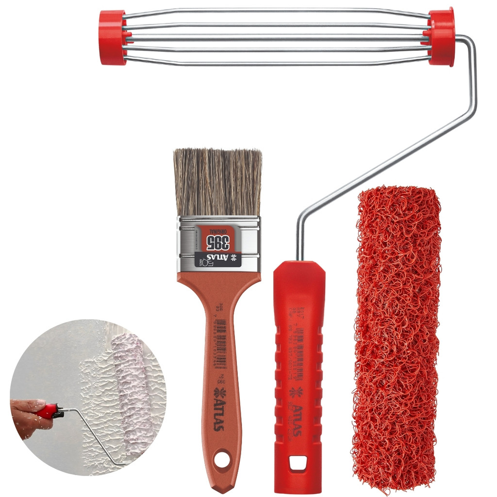 Rolo Para Textura Pintura Cabelo de Anjo 23cm + Suporte Garfo 23cm + Pincel Trincha Média 50mm