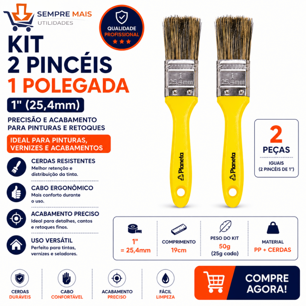 Kit 2 Pincel Trincha Pintura 1 Polegada 50mm Parede Cabo Amarelo Pinceis