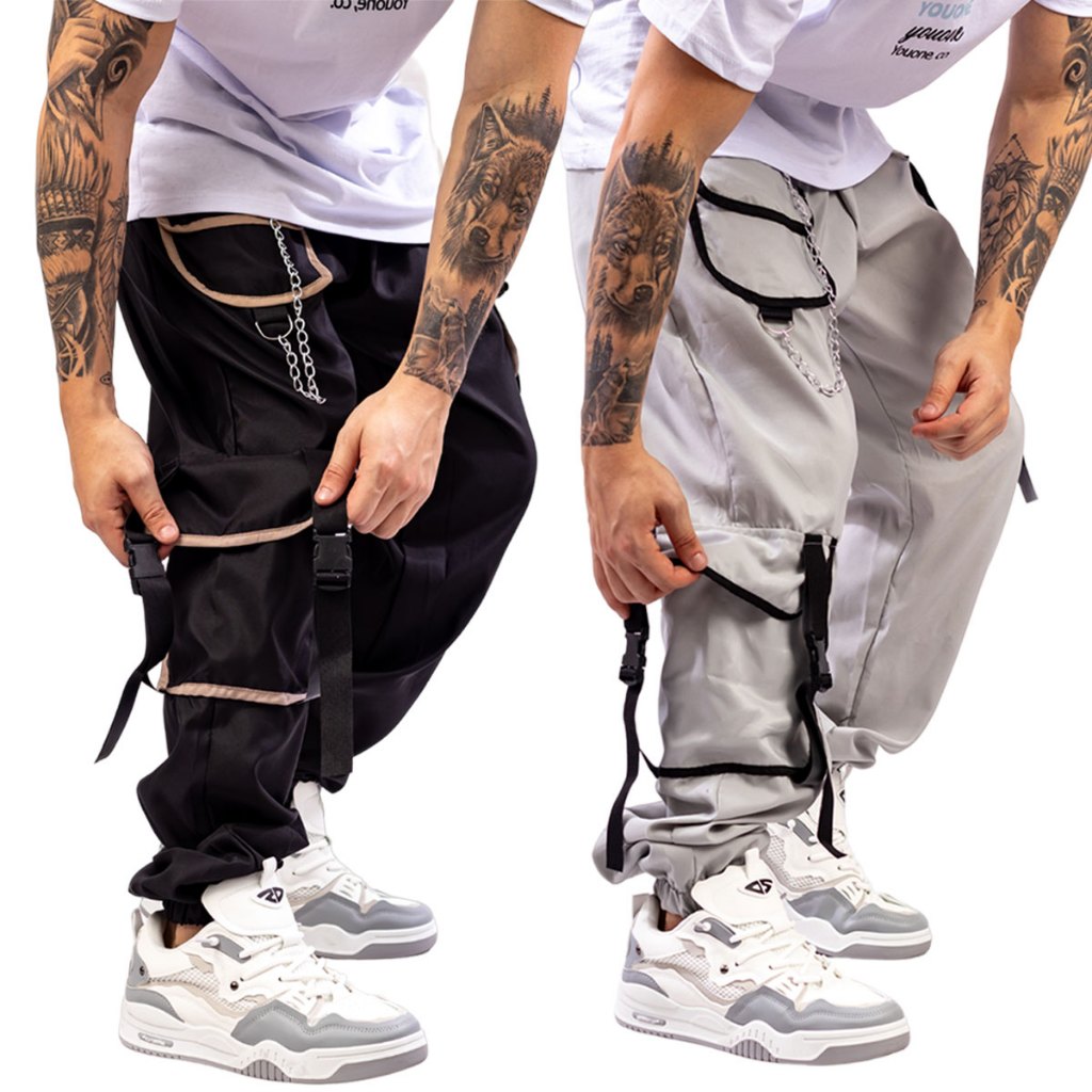 Kit 2 Preto e Cinza Calça Cargo Jogger Unissex Estilo Gringa Coreana  Bolsos Laterais Larga tactel