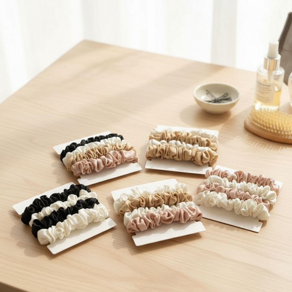 Kit 4 Peças de Scrunchies de Cetim de Seda Coreano | Acessórios de Cabelo da Moda | Elástico de Cabelo | Faixa de