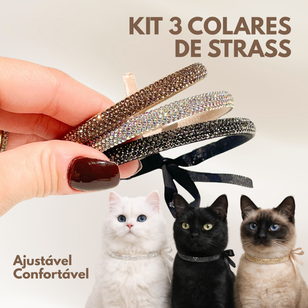 Kit 3 Coleira Para Gato Strass Luxo Ajustável Brilho Elegante Colar Gatos Filhote e Adulto