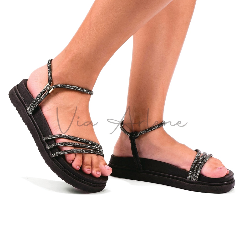 Sandália Papete Feminina Confortável Anatômica Tiras De Brilho Strass Ajustável Birken Moda Flatform