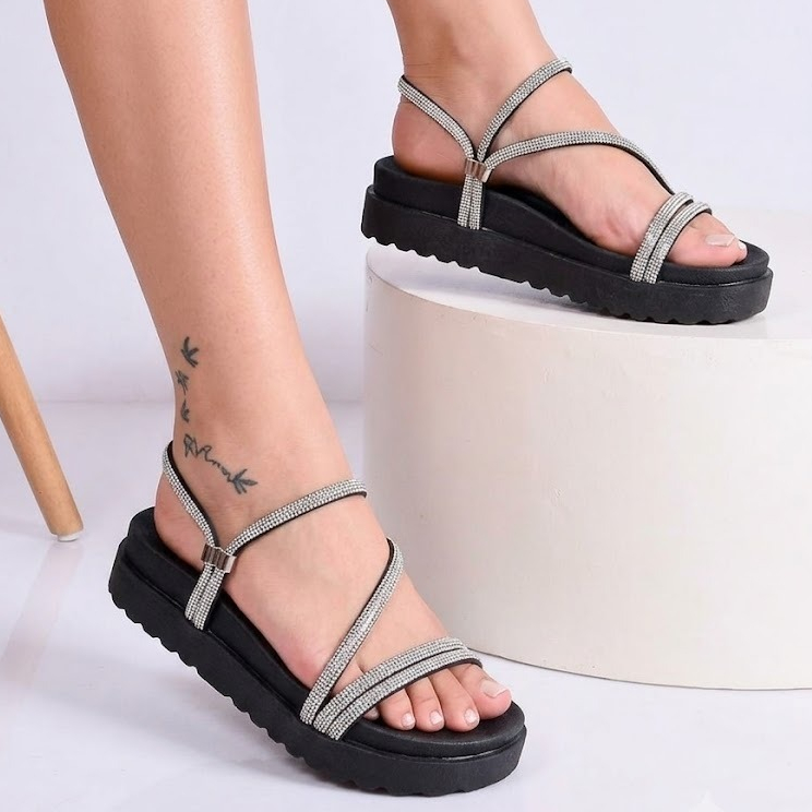 Sandália Feminina Papete Com Strass Brilho Casual Confortavel