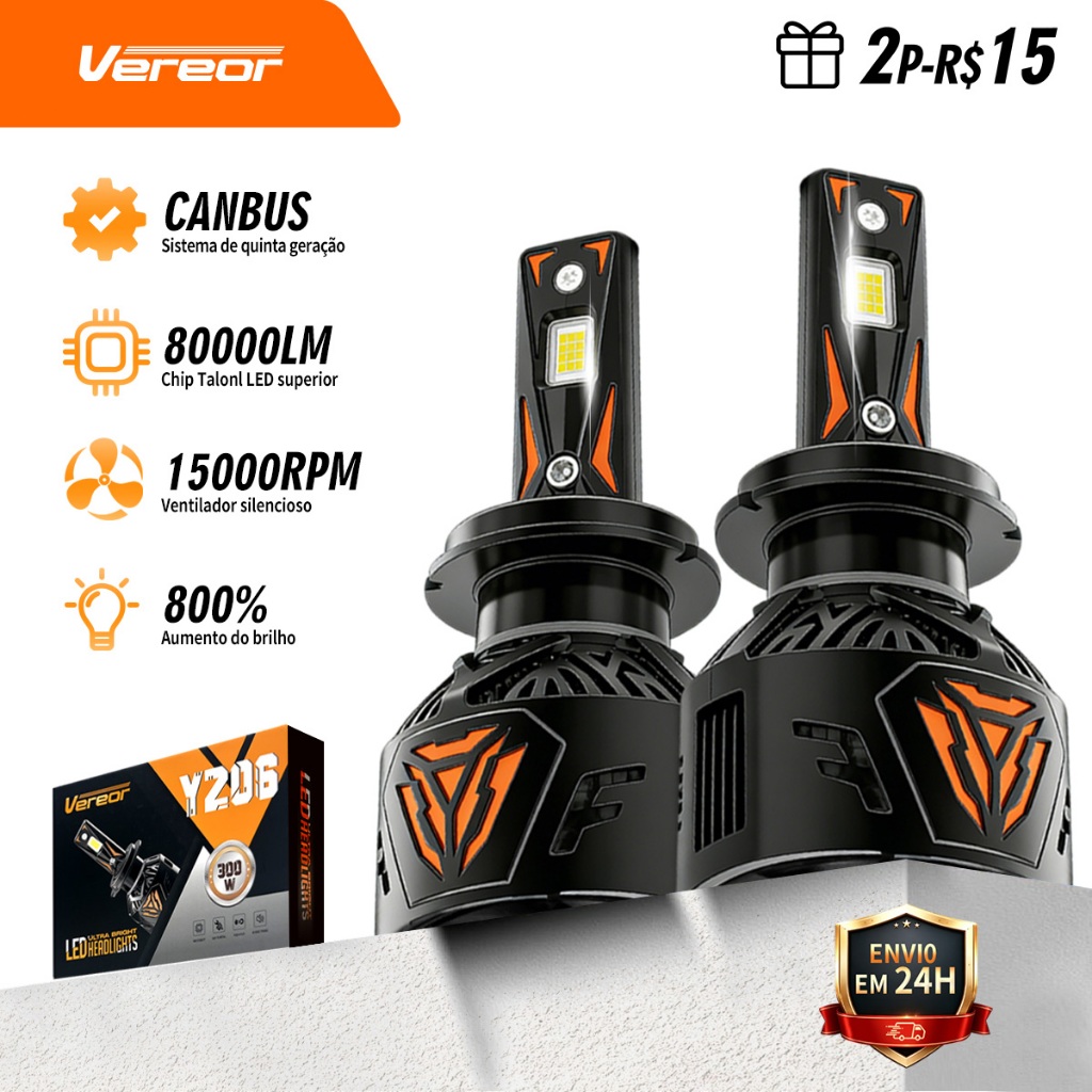 Par Lâmpada LED YZ06 Automotivo 80000 Lumens 6000K Alta Durabilidade Compatível H7 H11 9005 HB3
