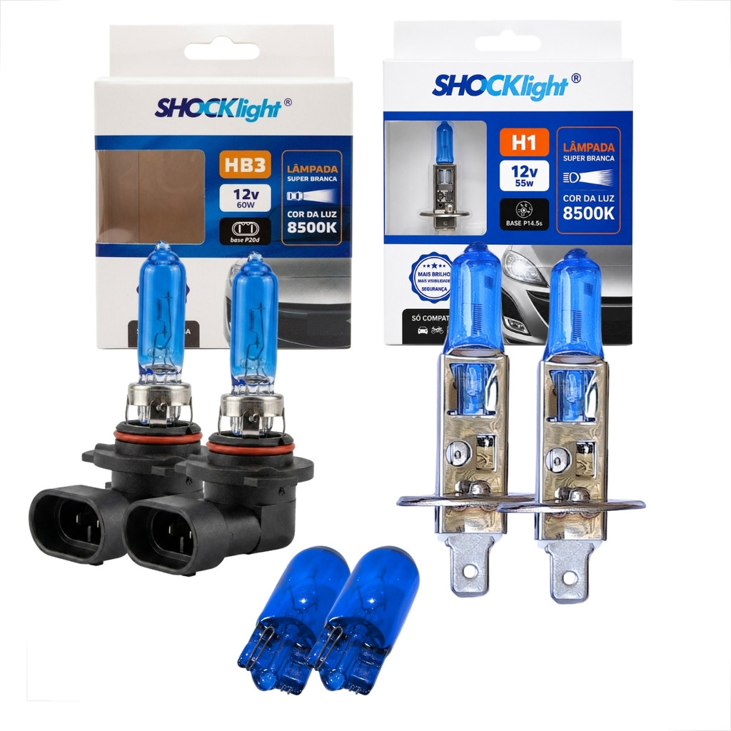 KIT ILUMINAÇÃO 2 H1 SUPER BRANCA + 2 HB3 9005 + 2 LÂMPADAS T10 BLUE HALÓGENAS