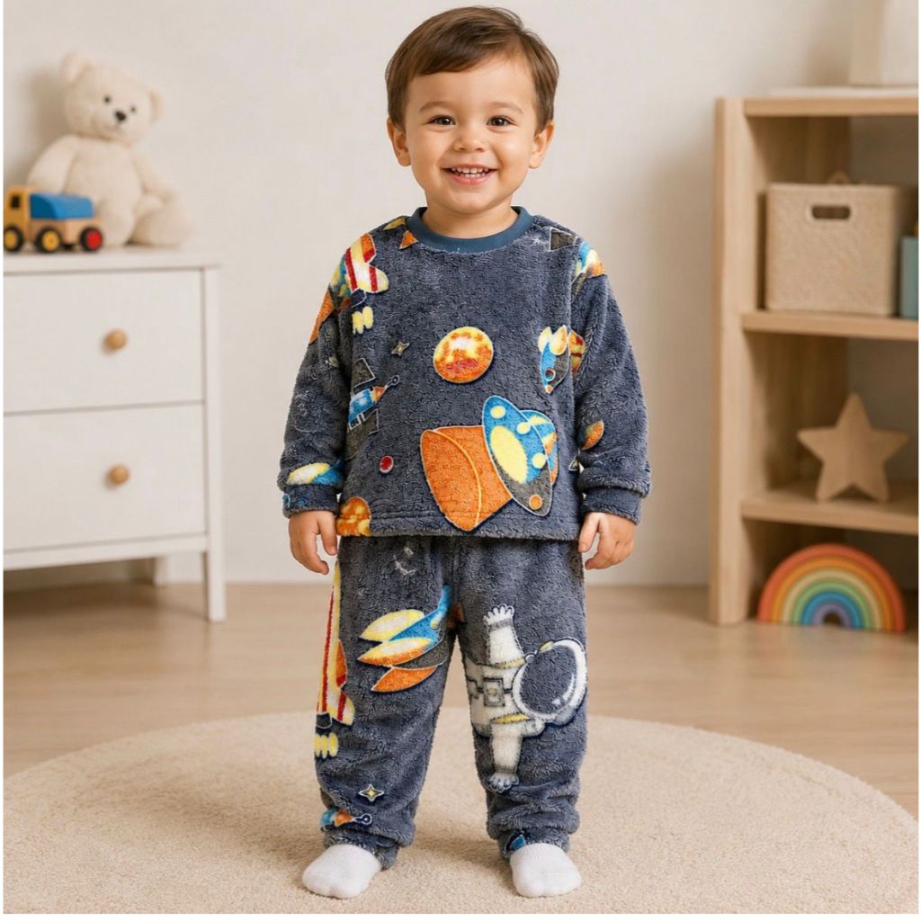 Conjunto Infantil Fleece de Inverno Brilha no Escuro a Noite Neon Florescente   – Super Quentinho Menino