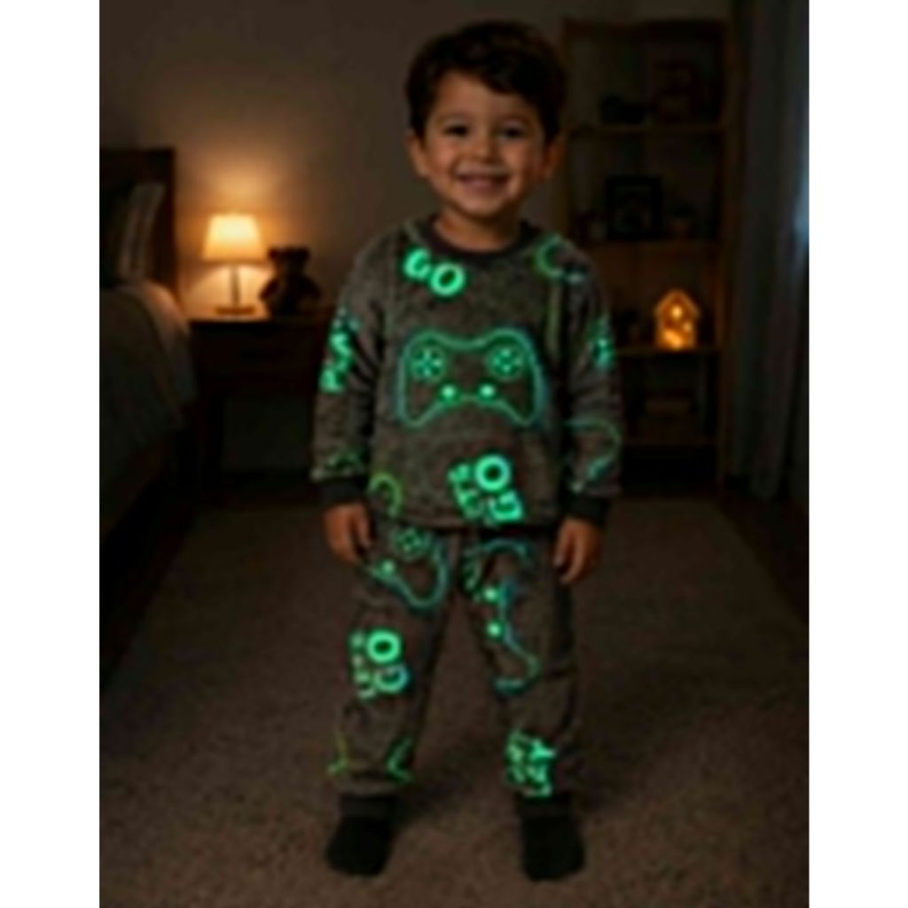 Conjunto Infantil Fleece de Inverno Brilha no Escuro a Noite Neon Florescente   – Super Quentinho Menino