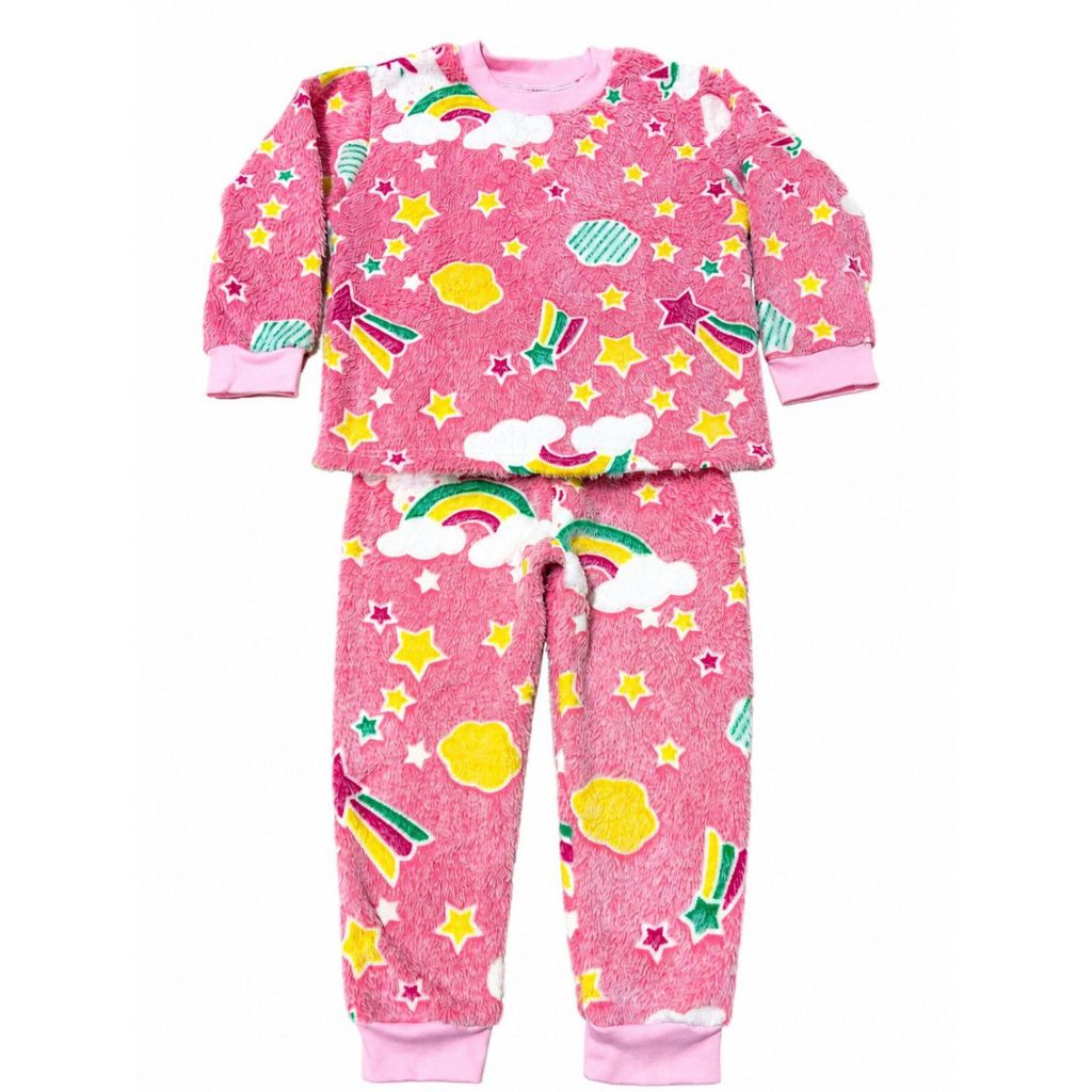 Conjunto Infantil Fleece de Inverno Brilha no Escuro a Noite Neon Florescente   – Super Quentinho para o Frio Menina