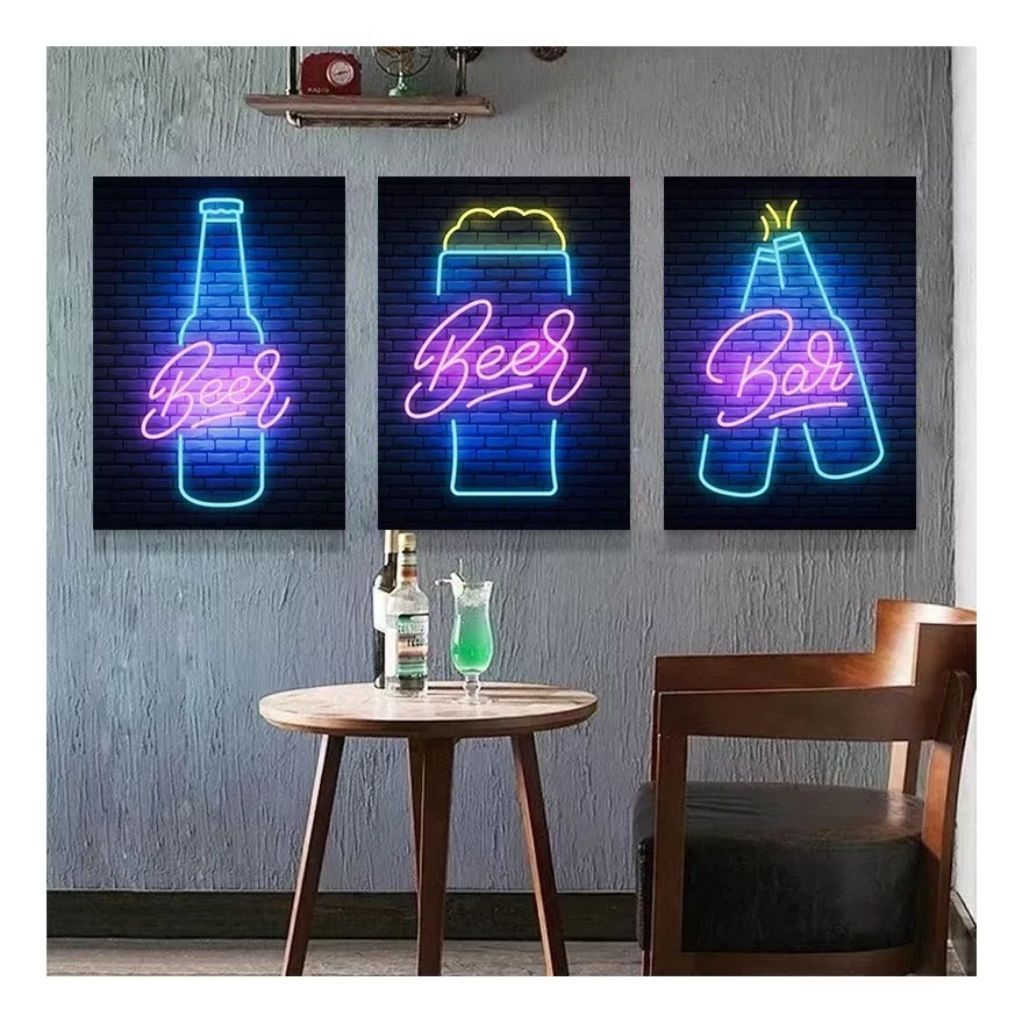 Kit Quadros Decorativos Mosaico 3 peças MDF 95x50 4K Bar Neon Cerveja DRINK Noite Colorido