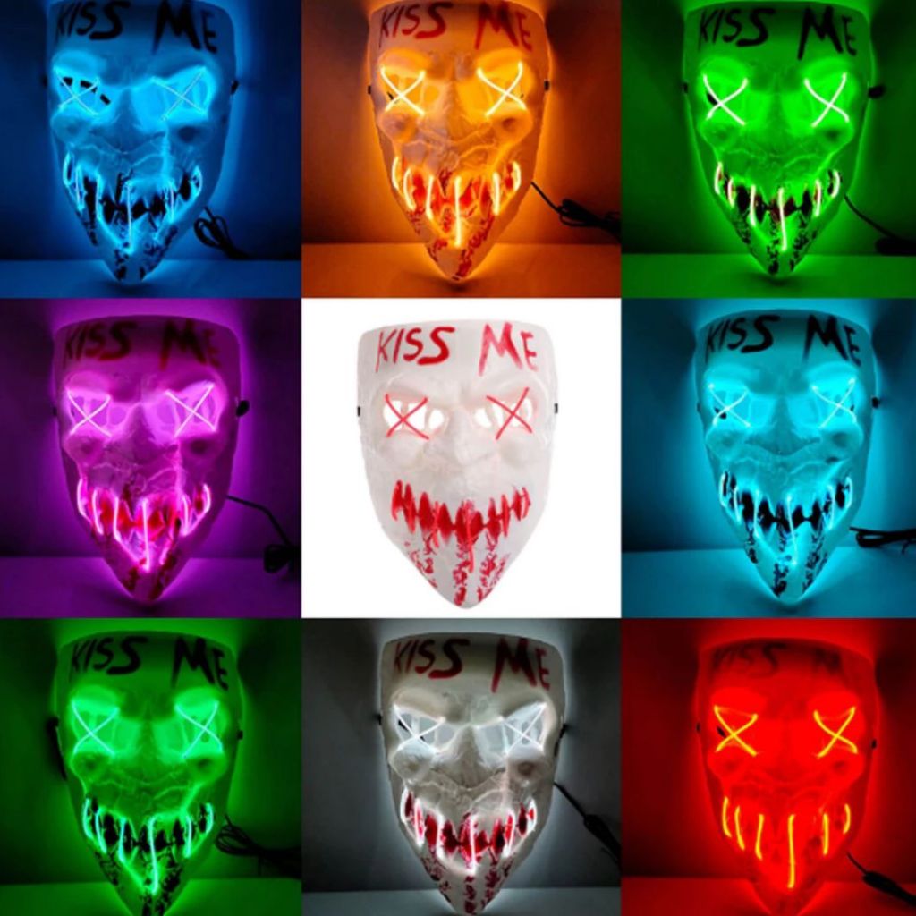 Máscara Halloween Kiss Me LED Neon VÁRIAS CORES Noite do Crime Fantasia Terror Adulto Festa Temática