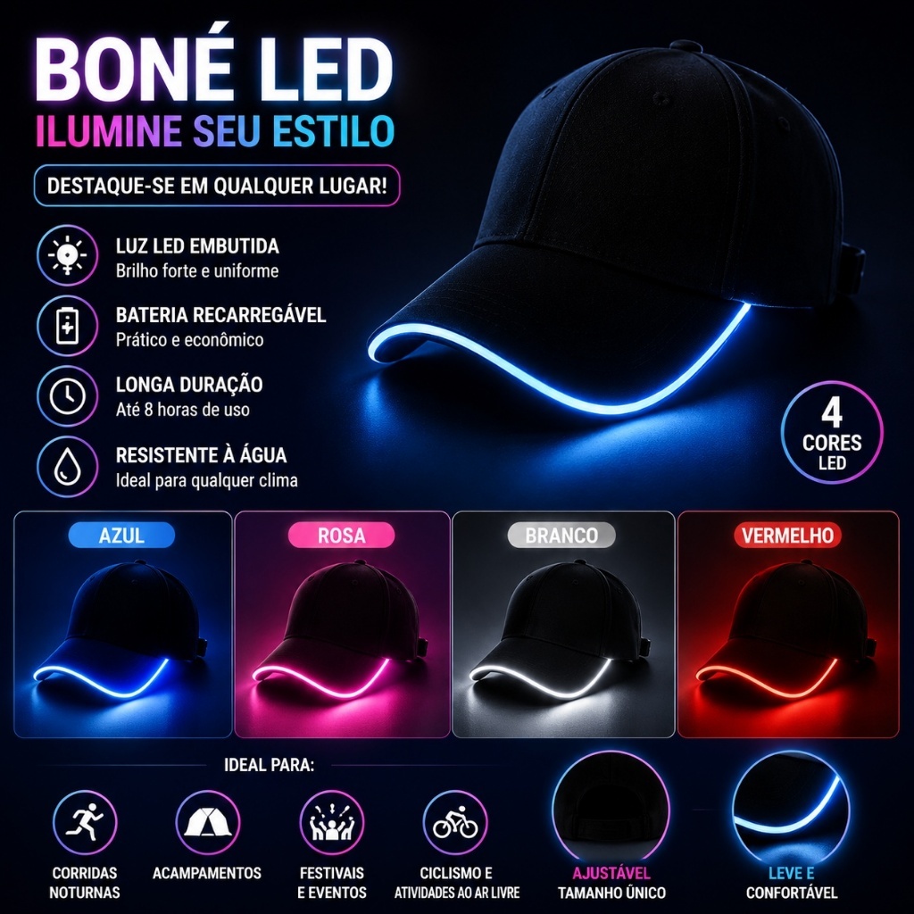 Boné LED Luminoso Festa Balada Neon RGB Boné Iluminado Ajustável Para Carnaval DJ Show Noite