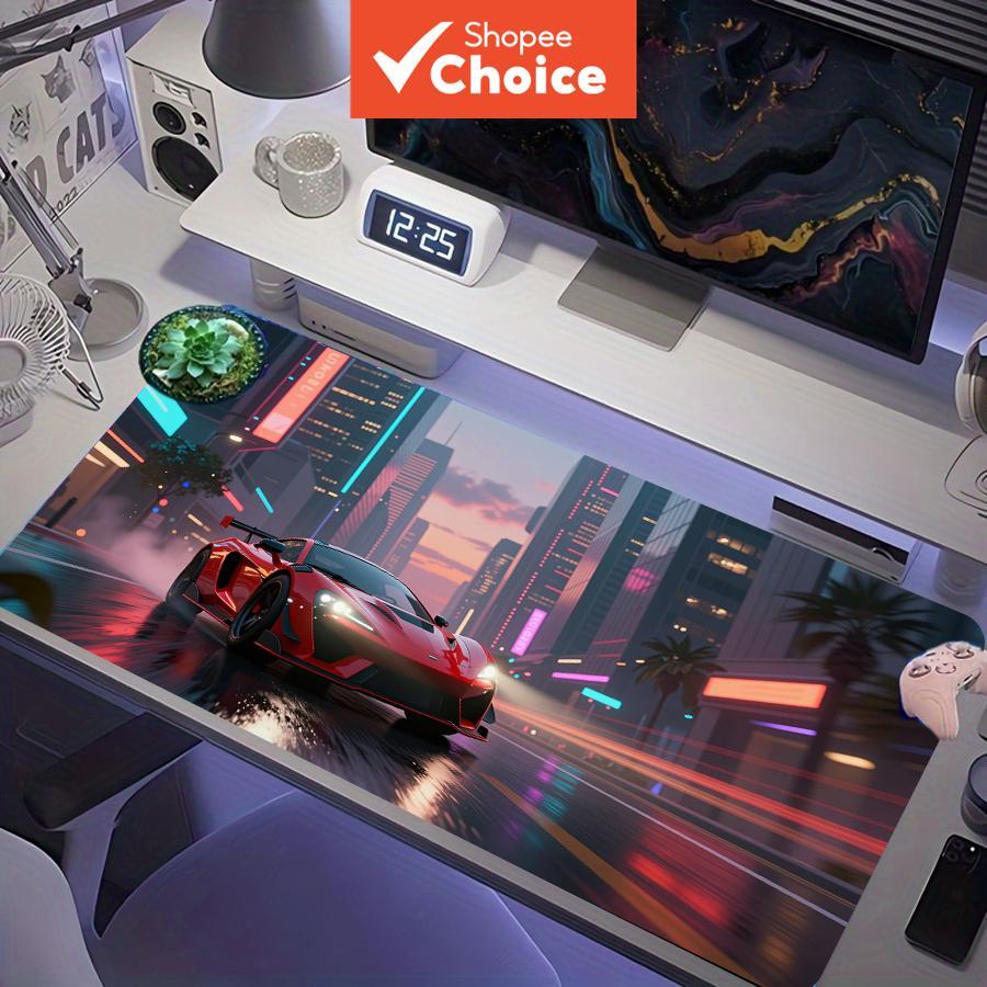 Mouse Pad Gaming Grande para Esportes com Super Carro Neon na Cidade à Noite, Trilha de Luzes de Rua em Extensão,