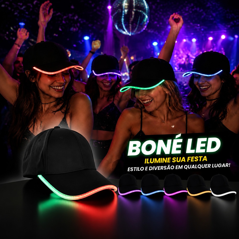 Boné LED Luminoso Festa Balada Neon RGB Boné Iluminado Ajustável Para Carnaval DJ Show Noite